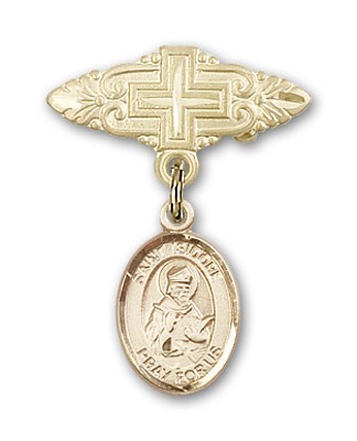 Pin Badge with St. Isidore of Seville Charm and Badge Pin with Cross - Gold Tone