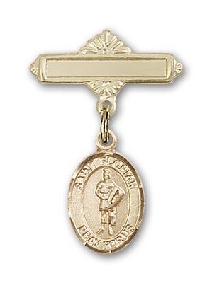 Pin Badge with St. Florian Charm and Polished Engravable Badge Pin - 14K Solid Gold