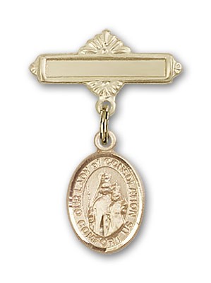 Pin Badge with Our Lady of Consolation Charm and Polished Engravable Badge Pin - 14K Solid Gold