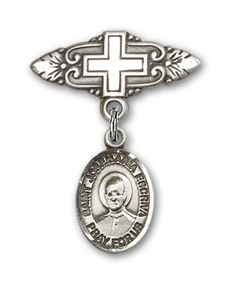 Pin Badge with St. Josemaria Escriva Charm and Badge Pin with Cross - Silver tone