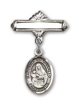 Pin Badge with St. Madonna Del Ghisallo Charm and Polished Engravable Badge Pin - Silver tone