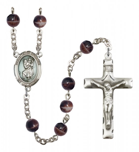 Men's St. Christopher Silver Plated Rosary - Brown