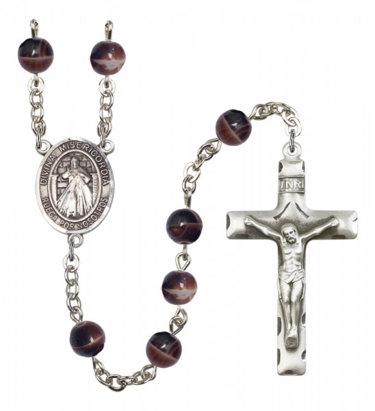 Men's Divina Misericordia Silver Plated Rosary - Brown
