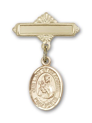 Pin Badge with Our Lady of Mount Carmel Charm and Polished Engravable Badge Pin - Gold Tone