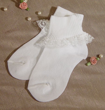 Girls White Nylon Anklet Baptism Socks with Lace - White