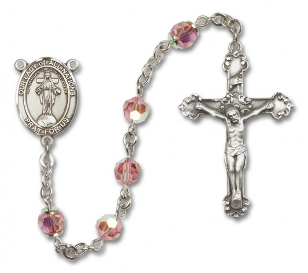 Our Lady of Nations Sterling Silver Heirloom Rosary Fancy Crucifix - Light Rose