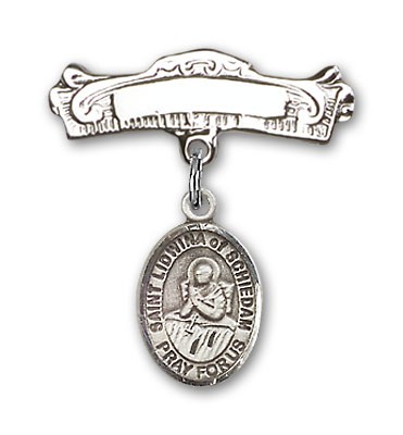 Pin Badge with St. Lidwina of Schiedam Charm and Arched Polished Engravable Badge Pin - Silver tone