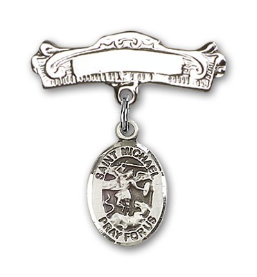 Pin Badge with St. Michael the Archangel Charm and Arched Polished Engravable Badge Pin - Silver tone