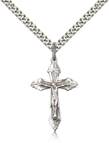 Men's Leafy Tip Crucifix Medal - Sterling Silver