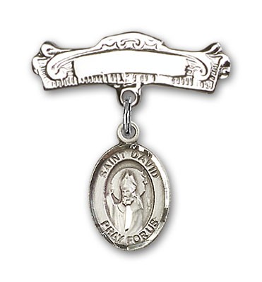 Pin Badge with St. David of Wales Charm and Arched Polished Engravable Badge Pin - Silver tone