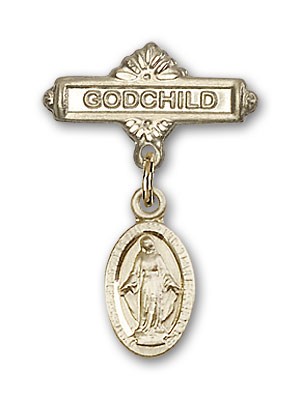 Baby Badge with Blue Miraculous Charm and Godchild Badge Pin - Gold Tone