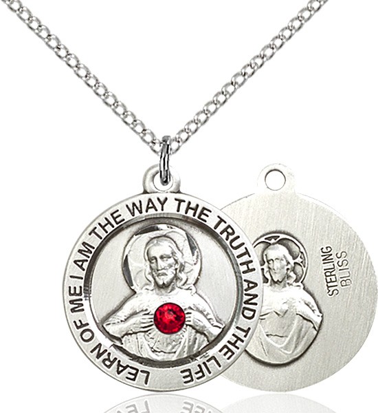 Round Medium Sacred Heart Pendant with Birthstone Options - Sterling Silver