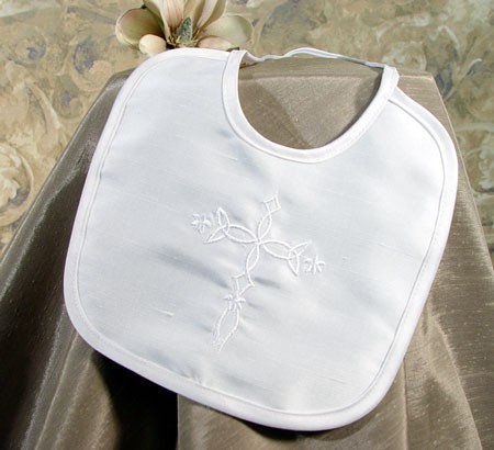 Silk Dupioni Bib with Embroidered Cross - Diamond White