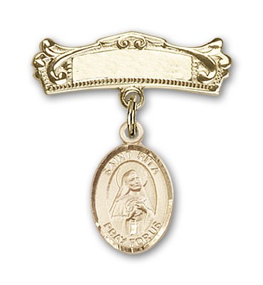 Pin Badge with St. Rita of Cascia Charm and Arched Polished Engravable Badge Pin - 14K Solid Gold