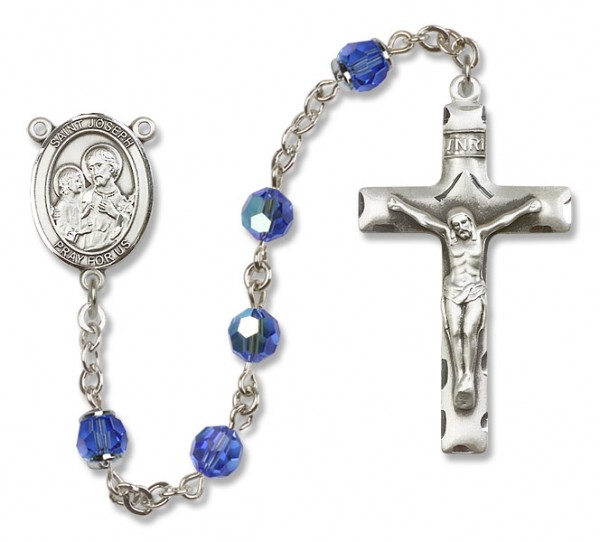 St. Joseph Sterling Silver Heirloom Rosary Squared Crucifix - Sapphire