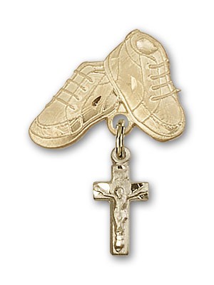 Baby Badge with Crucifix Charm and Baby Boots Pin - Gold Tone