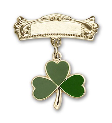 Pin Badge with Shamrock Charm and Arched Polished Engravable Badge Pin - 14K Solid Gold
