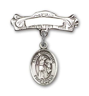 Pin Badge with St. Sebastian Charm and Arched Polished Engravable Badge Pin - Silver tone