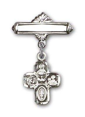 Pin Badge with 4-Way Charm and Polished Engravable Badge Pin - Silver tone