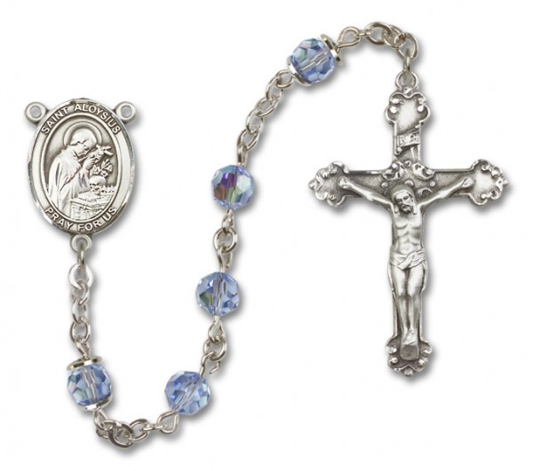 St. Aloysius Gonzaga Sterling Silver Heirloom Rosary Fancy Crucifix - Light Sapphire