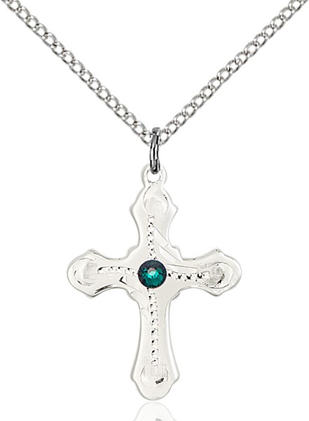 Youth Cross Pendant with Dotted Etching with Birthstone Options - Emerald Green