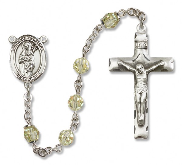 St. Scholastica Sterling Silver Heirloom Rosary Squared Crucifix - Zircon
