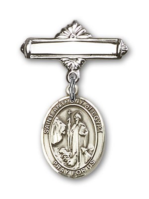 Pin Badge with St. Anthony of Egypt Charm and Polished Engravable Badge Pin - Silver tone