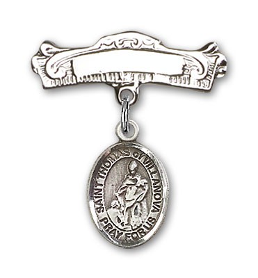 Pin Badge with St. Thomas of Villanova Charm and Arched Polished Engravable Badge Pin - Silver tone