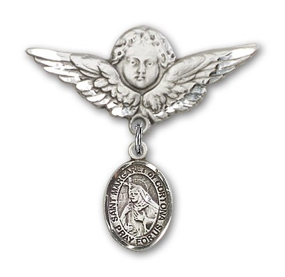 Pin Badge with St. Margaret of Cortona Charm and Angel with Larger Wings Badge Pin - Silver tone