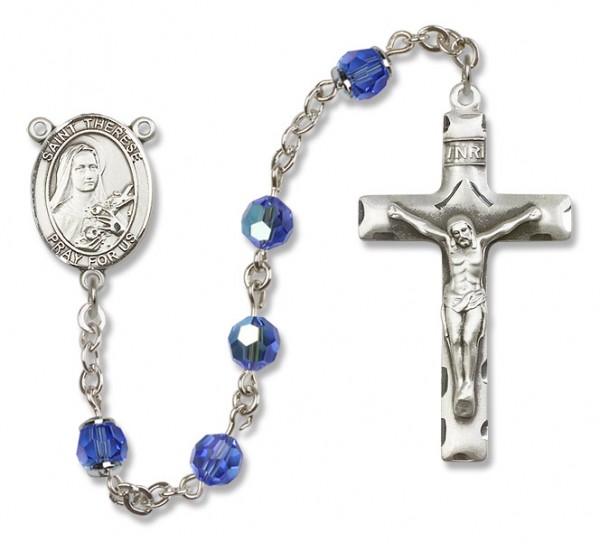 St. Therese of Lisieux Sterling Silver Heirloom Rosary Squared Crucifix - Sapphire