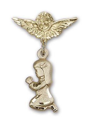 Baby Pin with Praying Girl Charm and Angel with Smaller Wings Badge Pin - 14K Solid Gold