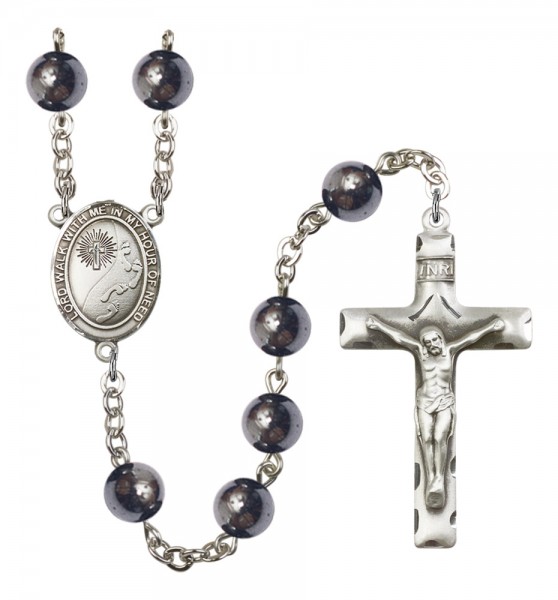Men's Footprints Cross Silver Plated Rosary - Silver