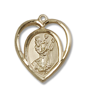 Open-Cut Heart Petite St. Christopher Necklace - 14K Solid Gold