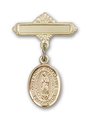 Pin Badge with Our Lady of Guadalupe Charm and Polished Engravable Badge Pin - 14K Solid Gold