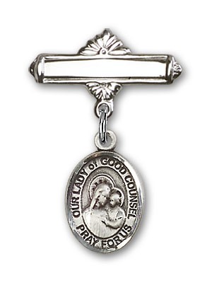 Pin Badge with Our Lady of Good Counsel Charm and Polished Engravable Badge Pin - Silver tone