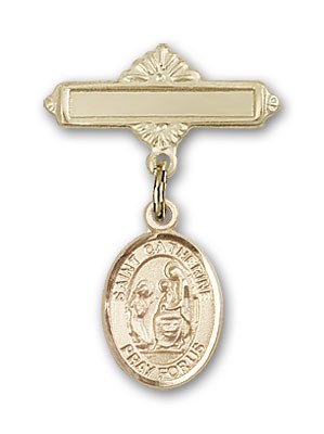 Pin Badge with St. Catherine of Siena Charm and Polished Engravable Badge Pin - Gold Tone