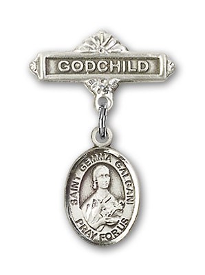 Pin Badge with St. Gemma Galgani Charm and Godchild Badge Pin - Silver tone