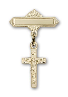 Pin Badge with Crucifix Charm and Polished Engravable Badge Pin - Gold Tone