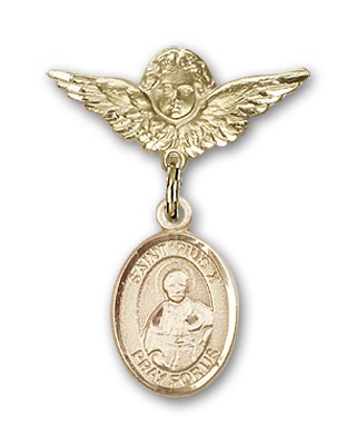 Pin Badge with St. Pius X Charm and Angel with Smaller Wings Badge Pin - 14K Solid Gold