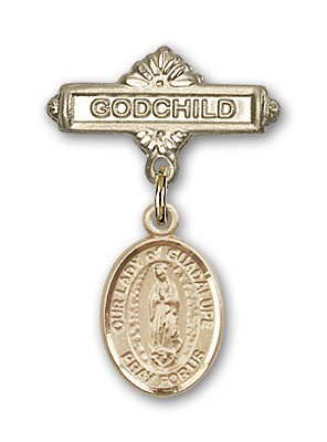 Baby Badge with Our Lady of Guadalupe Charm and Godchild Badge Pin - 14K Solid Gold