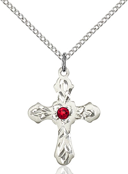 Medium Floral and Petal Cross Pendant with Birthstone Options - Ruby Red