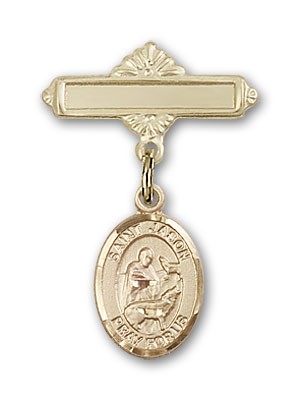 Pin Badge with St. Jason Charm and Polished Engravable Badge Pin - 14K Solid Gold