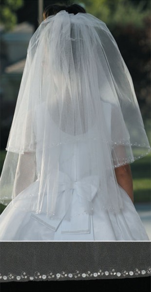 First Communion Veil with Rhinestone and Sequin Accents - White