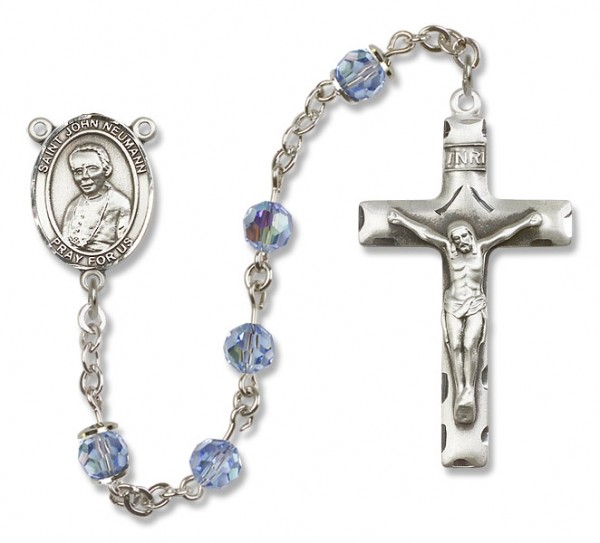 St.  John Neumann Sterling Silver Heirloom Rosary Squared Crucifix - Light Sapphire