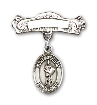 Pin Badge with St. Florian Charm and Arched Polished Engravable Badge Pin - Silver tone