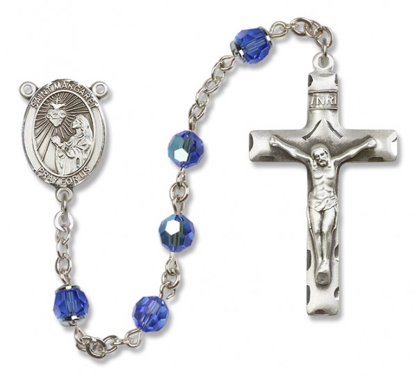 St. Margaret Mary Alacoque Sterling Silver Heirloom Rosary Squared Crucifix - Sapphire