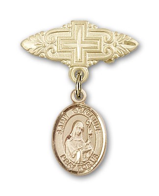 Pin Badge with St. Gertrude of Nivelles Charm and Badge Pin with Cross - Gold Tone