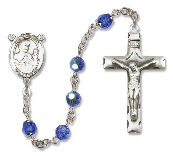 St. Kieran Sterling Silver Heirloom Rosary Squared Crucifix - Sapphire
