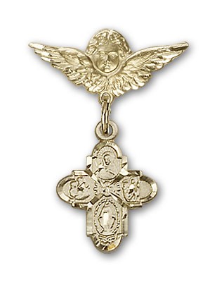 Pin Badge with 4-Way Charm and Angel with Smaller Wings Badge Pin - 14K Solid Gold