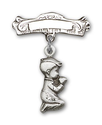 Baby Pin with Praying Boy Charm and Arched Polished Engravable Badge Pin - Silver tone